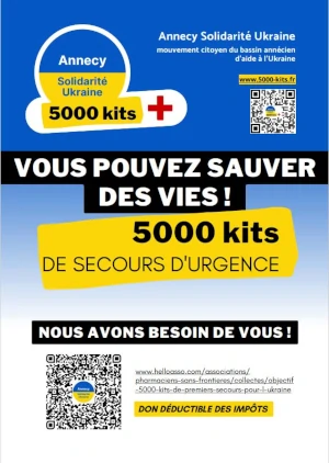 #5000kits, @5000kitsUkraine. Flyer 5000 kits de secours d'urgence en français. Prospectus collecte de fonds pour les kits IFAK.